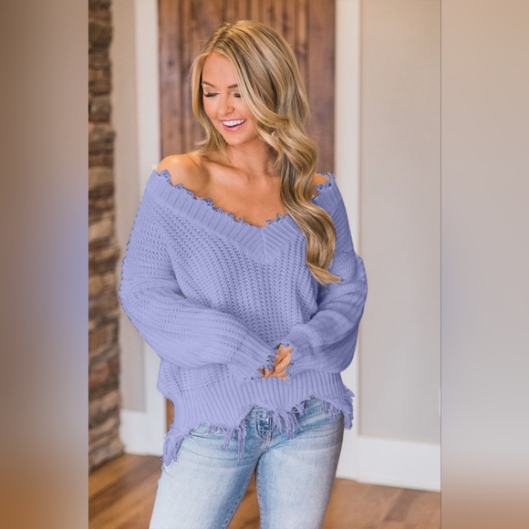 Distressed Raw Hem Off Shoulder Wide Neck Long Sleeve Waffle Knit Sweater Shirt - Picture 5 of 6